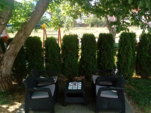 a group of chairs and a table in a yard at House Smolčić in Otočac