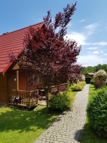 a tree with red leaves in front of a house at Domki Nad Krystaliczną Zatoką in Polańczyk