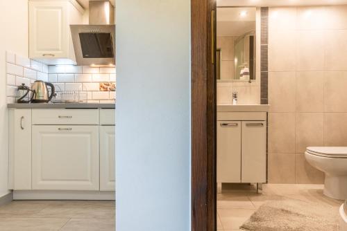 La salle de bains blanche est pourvue de toilettes et d'un lavabo. dans l'établissement Apartament Ewa, à Zakopane