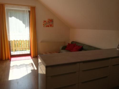 a living room with a couch and a window at Fuchsbauernhof in Palfau