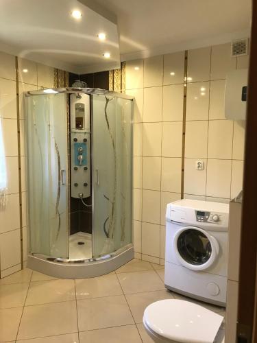 a bathroom with a washing machine and a washer at Chatka pod Dębami dla pracowników firm in Brzeźnica