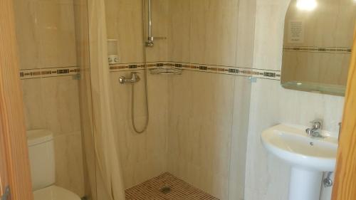 ein Bad mit einer Dusche, einem WC und einem Waschbecken in der Unterkunft Casa Barranca Bed and Breakfast in Huércal-Overa