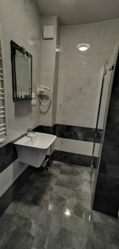 a bathroom with a sink and a shower at Hotel Sevilla Gold in Łęczeszyce