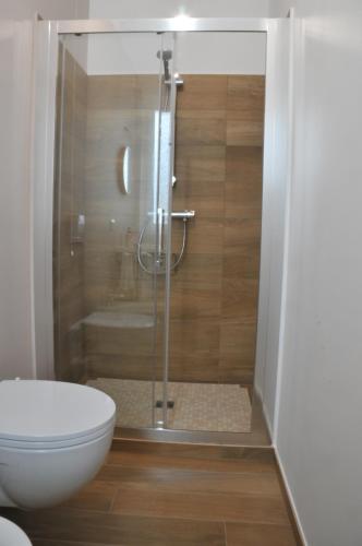 a bathroom with a glass shower with a toilet at B&B L'OFFICINA DEI SOGNI in Poggio Morello