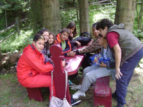 a group of people sitting around a table in the woods at Pensiunea Popasul Iancului in Mărişel