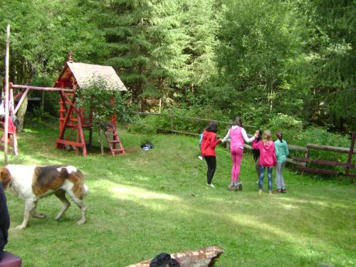 a group of people standing in a yard with a dog at Pensiunea Popasul Iancului in Mărişel