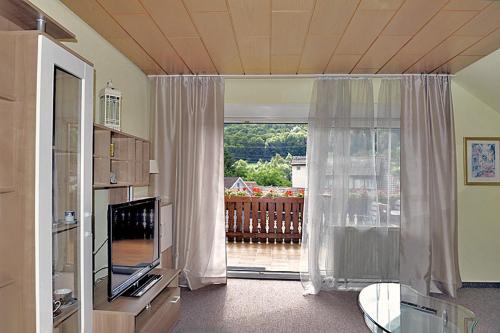 a living room with a television and a sliding glass door at Hotel Tannenhof in Steinen