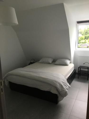Schlafzimmer mit einem Bett und einem Fenster in der Unterkunft Casa Akuta Airport Flat in Kortenberg