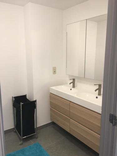 een badkamer met een witte wastafel en een spiegel bij Casa Akuta Airport Flat in Kortenberg