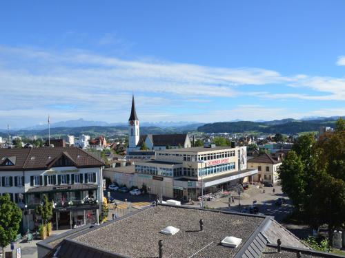 an aerial view of a city with a church at flexymotel Wil in Wil