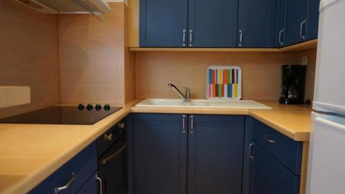 une cuisine avec des armoires bleues et un évier dans l'établissement Little Suite - Baptiste, à Lille