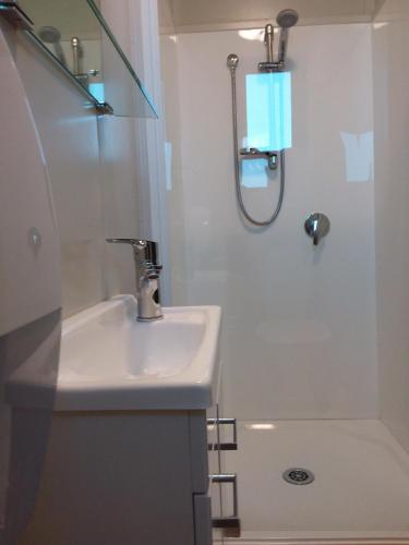 a bathroom with a sink and a shower at Pine Lake View Lodge in Kaiapoi
