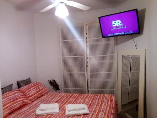 um quarto com uma cama e uma televisão de ecrã plano em Oroño 1 em Rosário