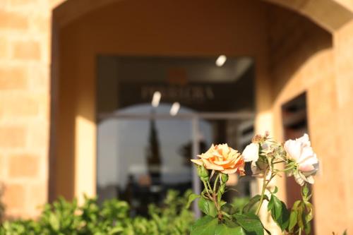 a vase with flowers in front of a building at b&b Pirriera in Bagheria