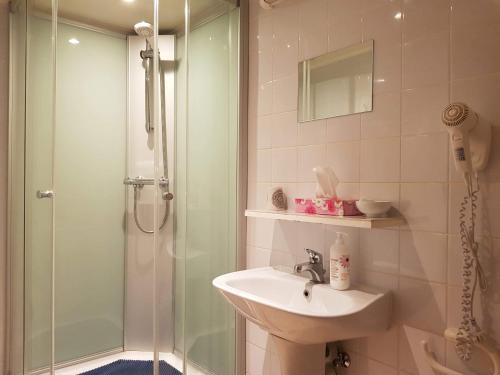 La salle de bains est pourvue d'une douche et d'un lavabo. dans l'établissement B&B Woodside, à Thourout