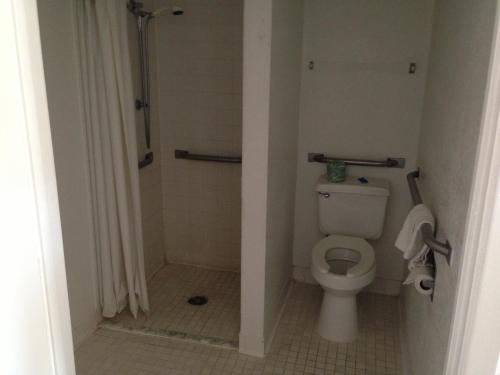 La salle de bains est pourvue d'une douche et de toilettes. dans l'établissement Relax Inn Forth Worth, à Fort Worth