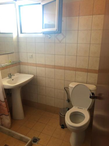 a bathroom with a toilet and a sink and a window at Villa Un bel posto Sea View in Nea Vrasna