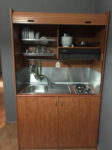a kitchen with a sink and a stove at Villa Un bel posto Sea View in Nea Vrasna