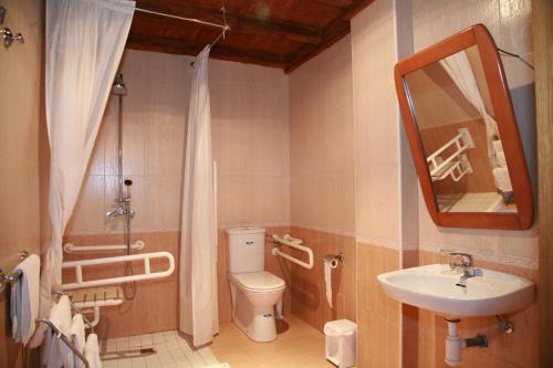 a bathroom with a toilet and a sink and a mirror at Casa Rural Arratzain in Usúrbil