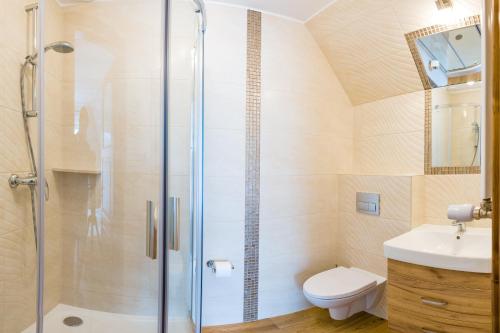 a bathroom with a shower and a toilet and a sink at Jaśmin in Bukowina Tatrzańska