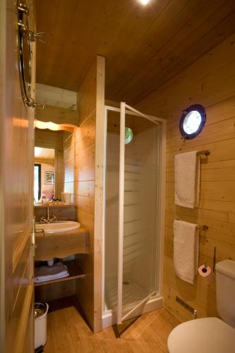 une salle de bain avec une douche, un lavabo et des toilettes dans l'établissement Abbaye du Palais, à Thauron