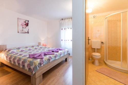 a bedroom with a bed and a shower and a toilet at Apartment Adrijana in Vrbnik