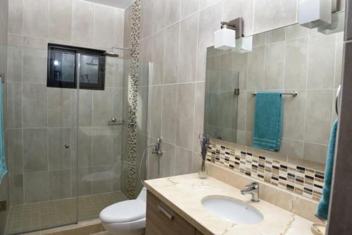ein Bad mit einem WC, einem Waschbecken und einer Dusche in der Unterkunft Casa Boroda in La Garita