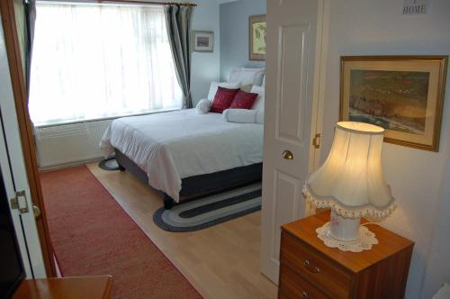 1 dormitorio con 1 cama y 1 lámpara en una mesa en The Willows en Tintagel