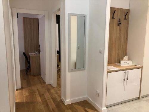 La salle de bains est pourvue d'un miroir et d'une armoire blanche. dans l'établissement Tempus Apartment, à Split