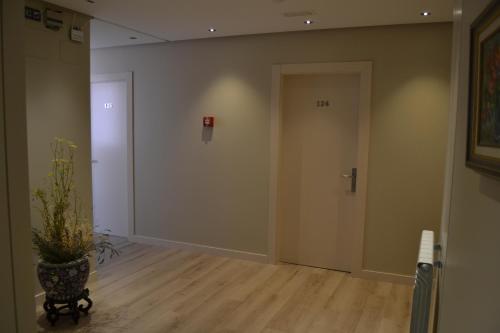 a hallway with a door and a vase with a plant at Hotel Villegas in Valencia de Don Juan
