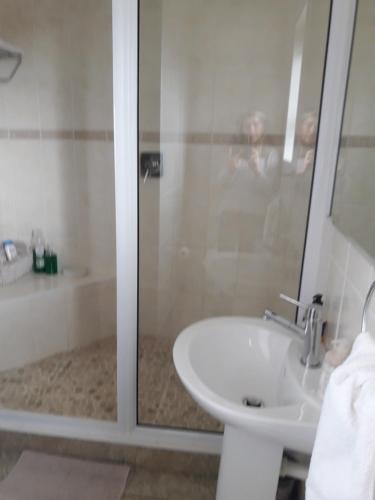 a bathroom with a white sink and a shower at Joans place in Velddrif