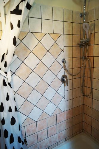 a shower with a checkered shower curtain in a bathroom at Residenza Ameca in Pizzo