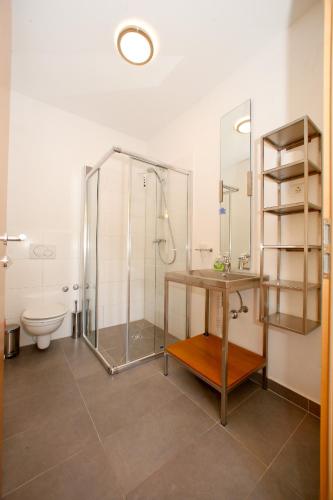 a bathroom with a shower and a sink and a toilet at BC Bikers Welcome Apartments in Senj