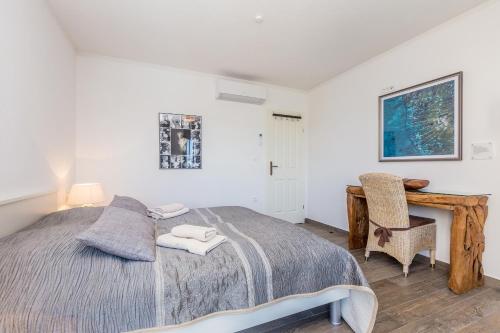a bedroom with a bed and a desk and a chair at Villa Cavallo in Linardići