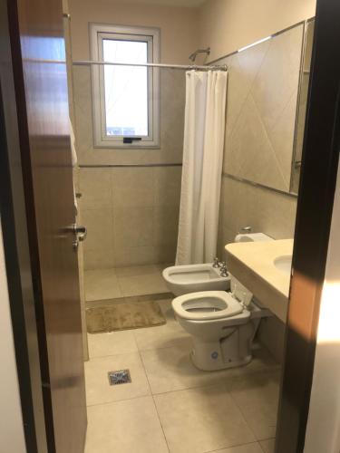 a bathroom with a toilet and a sink and a shower at Departamento 2 ambientes sobre el río Paraná Con Cochera in Corrientes