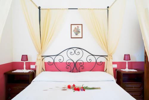 a bedroom with a pink bed with roses on it at La Locanda Dell'olmo in Orvieto