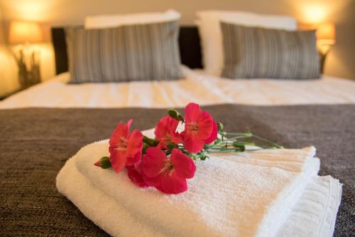 een boeket rode bloemen op een bed bij Bed & Breakfast Bos en Weide in Boxtel