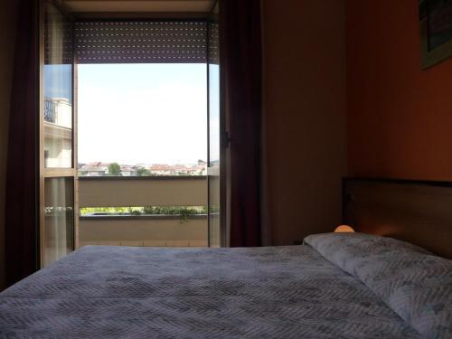 a bedroom with a bed and a large window at Hotel Naxos B&B in Alba Adriatica