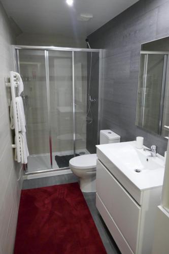 a bathroom with a shower and a toilet and a sink at Belo Apartment in Leiria