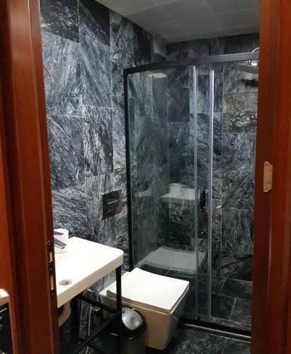a bathroom with a shower and a toilet and a sink at Basilissis Hotel in Istanbul