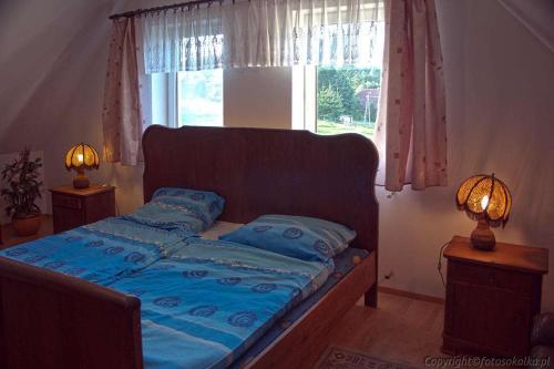um quarto com uma cama com lençóis azuis e uma janela em Dom nad jeziorem Blanki em Suryty