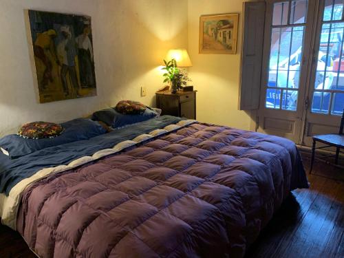 een slaapkamer met een groot bed en een paarse deken bij Quinta en Pilar in Del Viso