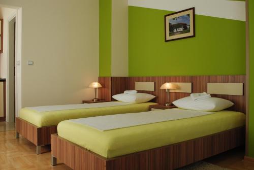 two beds in a room with green walls at Vila DeLux in Negotin