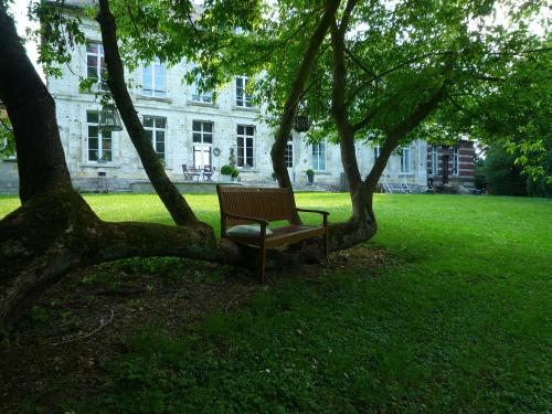 a bench sitting under a tree in a park at Château de Plessier-Roza in Le Plessier-Rozainvillers