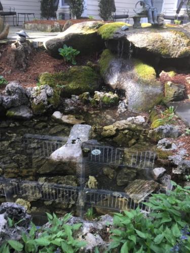 a rock garden with a waterfall in a yard at Highlands Inn in Highlands