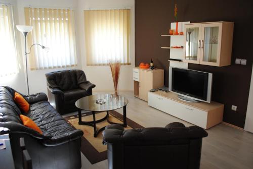 a living room with two chairs and a television at Vila DeLux in Negotin