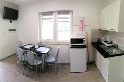 a small kitchen with a table and chairs and a sink at Bieszczadzki Orzeł in Berezka