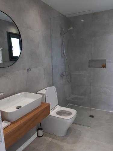 a bathroom with a toilet and a sink and a shower at Terrazza Suites in Paphos City