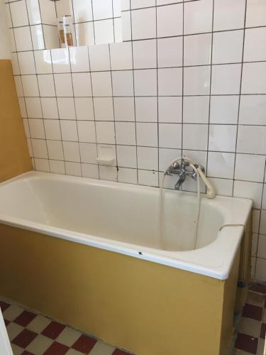 a bath tub with a faucet in a bathroom at Ubytování U Trůdy in Smržovka