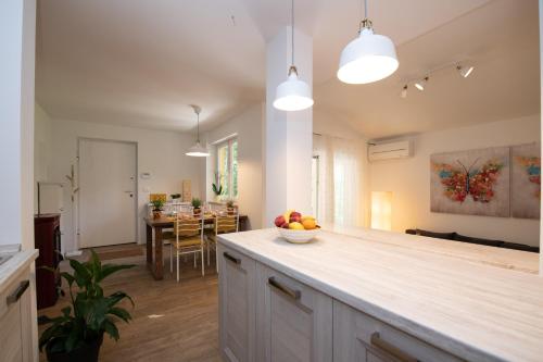 a kitchen with a counter with a bowl of fruit on it at Apartman Villa Katrina in Mošćenička Draga
